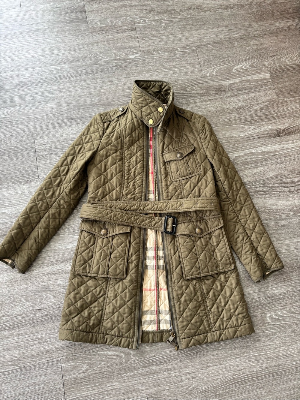 Burberry Olive Quilted Belted Trench Coat